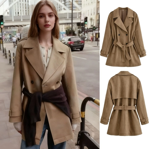 Dames Elegante Faux Suède Trenchcoat Double-breasted Lange Mouwen Strikceintuur Bovenkleding Windjack Camel Jas