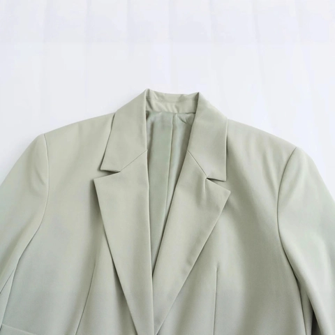 Women Elegant Mint Green Long Sleeve Blazer Notched Lapel Single Button Pocket Loose Fit Office Commuter Suit Jacket