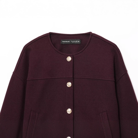 Dames Elegante Bourgondië Wollen Jas Ronde Hals Gouden Reliëf Knoop Korte Mantel Casual Lange Mouwen Bovenkleding Voor Herfst Winter