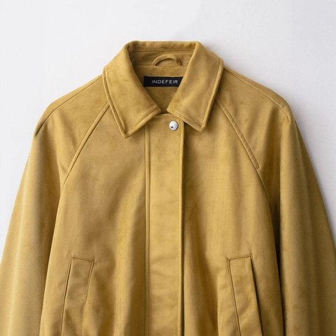 Women Casual Faux Suede Bomber Jacket Mustard Yellow Solid Color Lapel Collar Zipper Snap Button Long Sleeve Coat Outwear