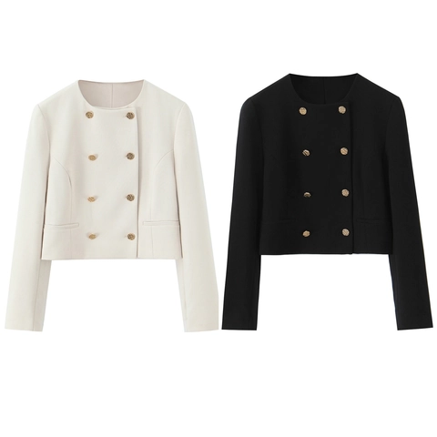 Dames Elegante Kort Model Dubbele Rij Knopen Ronde Hals Jas En High Waist Wijde Broek Met Gouden Ketting Riem Kantoor Outfit