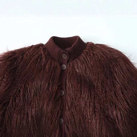 Women Shaggy Faux Fur Cardigan Jacket Solid Color Round Neck Single Breasted Knitted Outerwear Coat For Autumn Winter