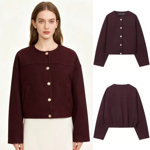 Women's European Style Round Neck Bomber Jacket With Vintage Gold Buttons Soft Wool Like Texture Solid Wine Red Outerwear