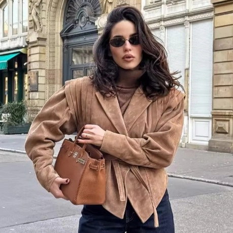 Women's Faux Suede Pleated Shoulder Jacket Vintage Solid Color Tie Waist Single Breasted Lapel Long Sleeve Casual Outerwear Coat