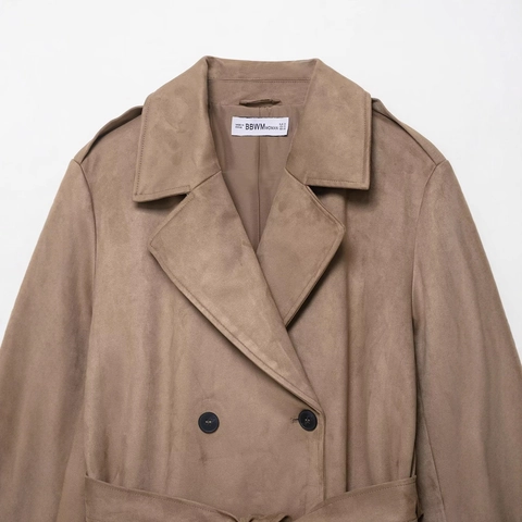Trench da Donna in Finta Pelle Scamosciata Doppiopetto Lunghezza Media Antivento Con Cintura Giacca Cappotto Manica Lunga