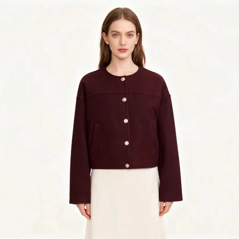 Women's European Style Round Neck Bomber Jacket With Vintage Gold Buttons Soft Wool Like Texture Solid Wine Red Outerwear