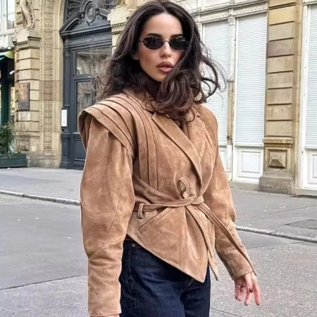Women's Faux Suede Pleated Shoulder Jacket Vintage Solid Color Tie Waist Single Breasted Lapel Long Sleeve Casual Outerwear Coat