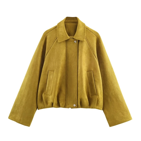 Dames Elegant Suèdelook Pilotenjas Mosterdgeel Revers Lange Mouw Bomberjas Normale Pasvorm Rits Zak Bovenkleding