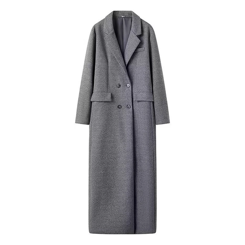 Dames Elegante Lange Wollen Jas Double-breasted Inkeping Revers Losse Pasvorm Effen Grijs Winter Warme Overjas Voor Kantoor