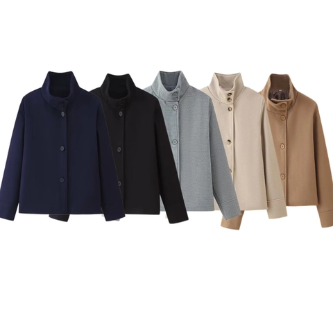 Giacca Corta da Donna alla Moda con Collo Alto in Trama di Lana Monopetto Cappotto Sciolto Manica Lunga Casual Autunno
