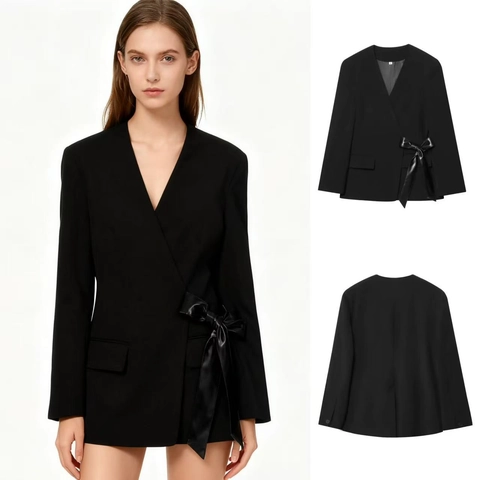 Damen Schlanke Passform Wrap Blazer Jacke Elegant Langarm V Ausschnitt Anzug Mantel Mit Kunstleder Schleife Büro Oberbekleidung