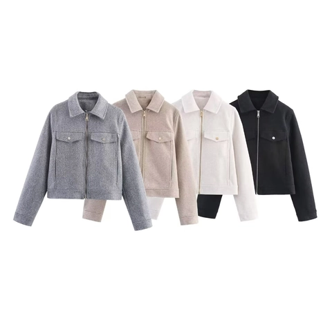 Damen Elegant Wollstoff Jackenmantel Kurzer Stil Revers Reißverschluss Oberbekleidung Langarm Einfarbig Tasche Pendeln Jacke