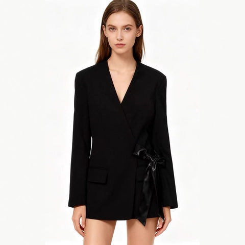 Damen Schlanke Passform Wrap Blazer Jacke Elegant Langarm V Ausschnitt Anzug Mantel Mit Kunstleder Schleife Büro Oberbekleidung