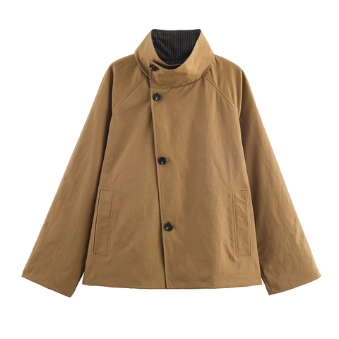 Gabardina Reversible Casual para Mujer Cuadros Color Sólido Cuello Alto Manga Raglán Chaqueta Cortavientos Corta