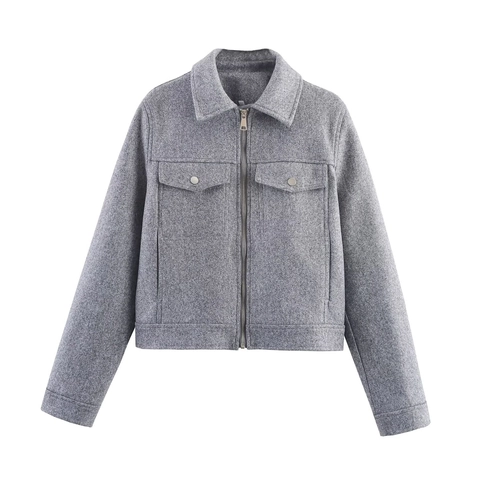Damen Elegant Wollstoff Jackenmantel Kurzer Stil Revers Reißverschluss Oberbekleidung Langarm Einfarbig Tasche Pendeln Jacke