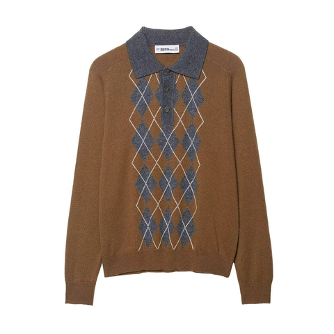 Pull Polo en Maille Argyle pour Femmes Manches Longues Couleur Contrastée Revers Coupe Ajustée Haut Décontracté Style Preppy