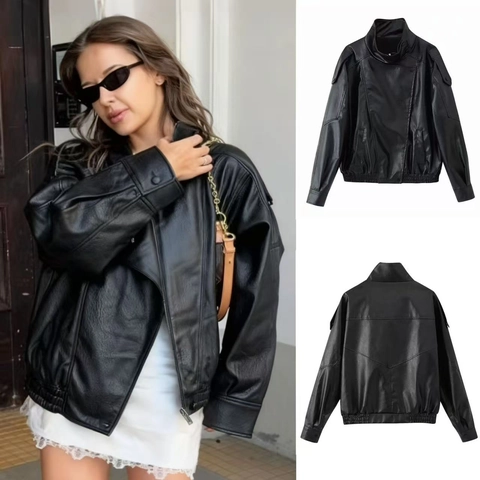 Dames Oversized Zwart Kunstleer Jas Staande Kraag Lange Mouw PU Biker Jas Casual Rits Kort Jasje Bovenkleding