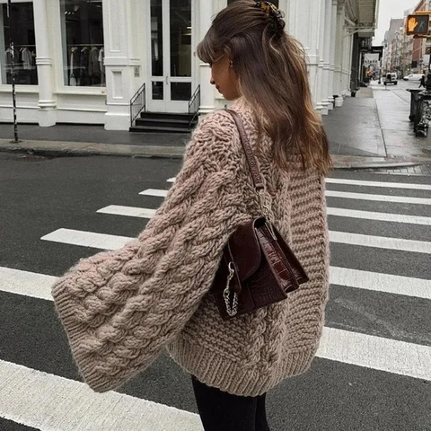 Γυναικείο Casual Πουλόβερ με Πλέξη Κοτσίδα Oversized Μακρυμάνικο Στρογγυλή Λαιμόκοψη Πλεκτό Τοπ Μονόχρωμο Χειμερινό