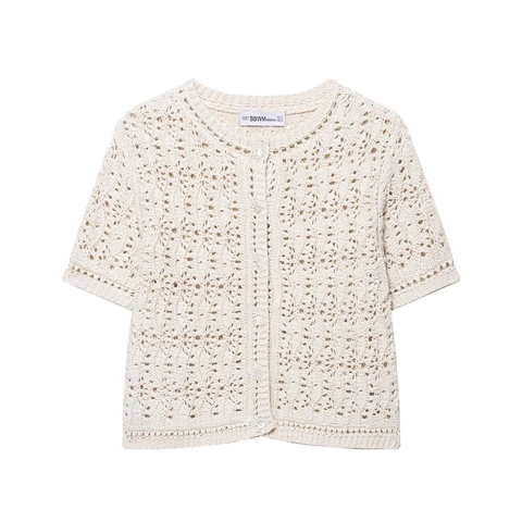 Women Short Sleeve Crochet Knit Cardigan Hollow Out Floral Lace Top Cream Button Up Round Neck Casual Streetwear Sweater