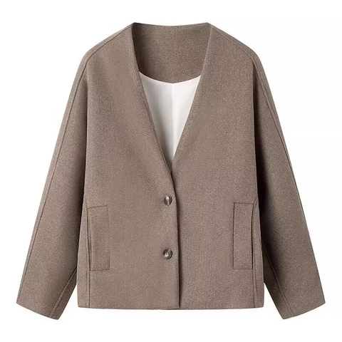 Women's V-Neck Loose Woolen Jacket Solid Color Single Breasted Warm Fall Winter Outerwear Casual Short Coat With Pockets