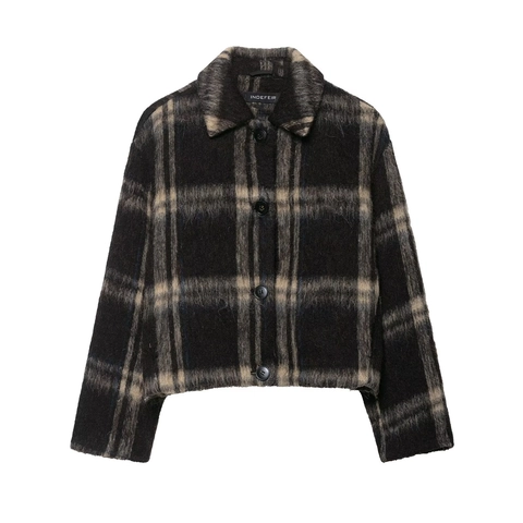 Damen Vintage Großes Karo Wolljacke Casual Langarm Revers Einreihig Mohair Look Oberbekleidung Dicke Warme Kurze Jacke