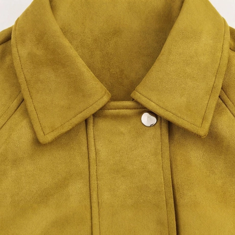 Dames Elegant Suèdelook Pilotenjas Mosterdgeel Revers Lange Mouw Bomberjas Normale Pasvorm Rits Zak Bovenkleding