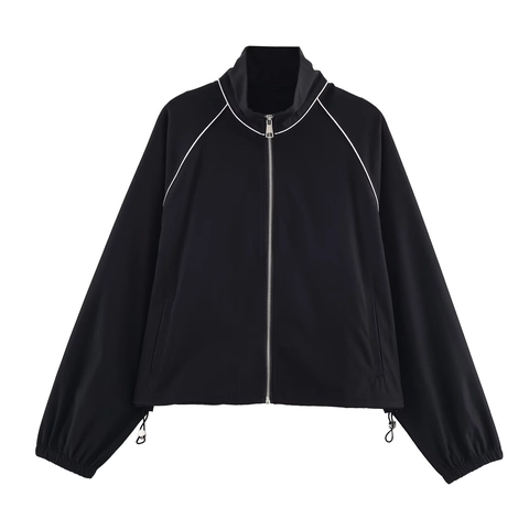 Veste à Col Montant Pour Femme Avec Passepoil Contrasté Ourlet Réglable à Cordon Manches Raglan Manteau Coupe-vent Décontracté