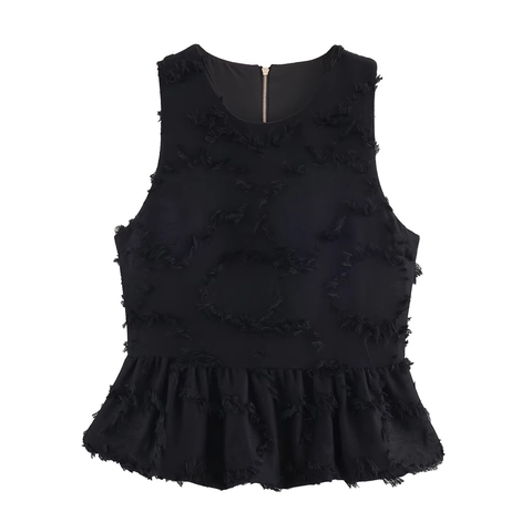 Elegante Top Péplum Sin Mangas con Detalles Deshilachados Cuello Redondo Corte Ajustado Cremallera Trasera Color Sólido Top de Fiesta Mujer