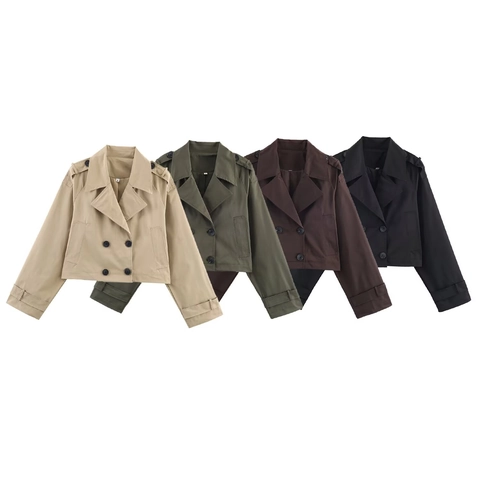 Gabardina Corta con Doble Botonadura para Mujer Solapa Manga Larga Chaqueta Cortavientos Corta Charreteras Color Sólido