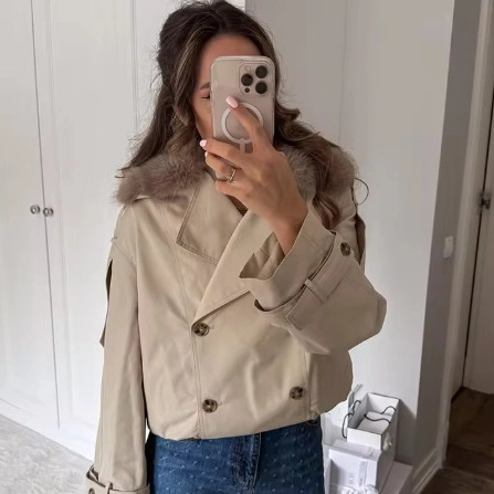 Chaqueta Trench Corta Elegante para Mujer Doble Botonadura Cortavientos Con Cuello de Piel Sintética Desmontable Color Sólido