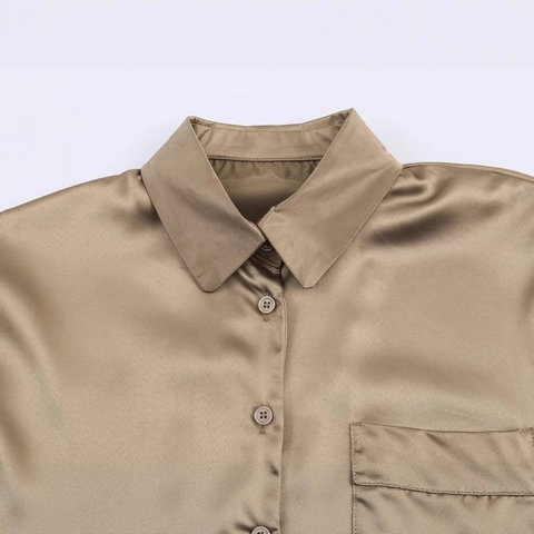 Camicia da Donna Elegante in Raso a Maniche Lunghe con Colletto Rovesciato Tinta Unita Taschino Frontale Blusa da Ufficio