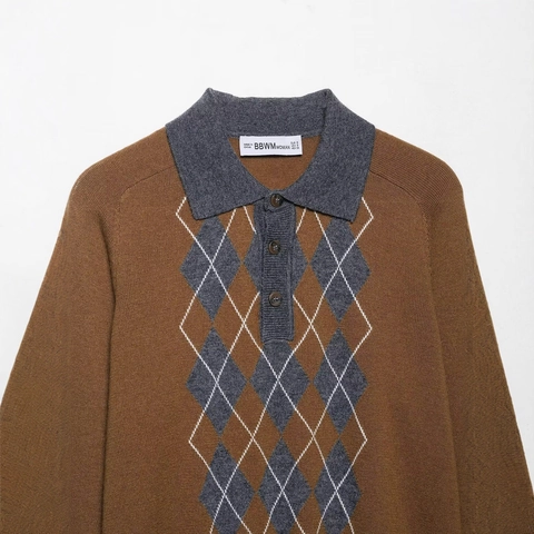 Pull Polo en Maille Argyle pour Femmes Manches Longues Couleur Contrastée Revers Coupe Ajustée Haut Décontracté Style Preppy