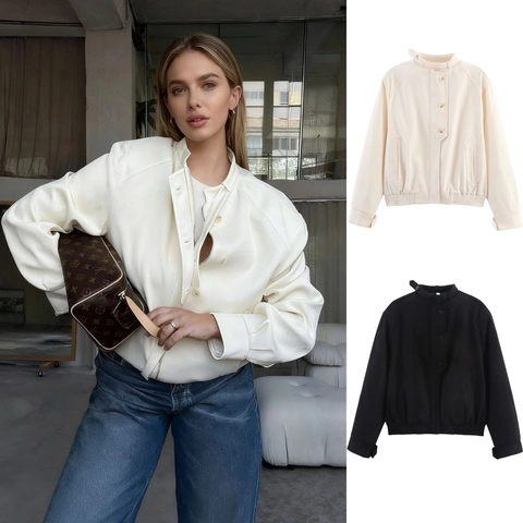Women Stand Collar Solid Color Jacket Button Up Long Sleeve Outerwear With Elastic Hem Casual Chic Coat For Autumn Daily