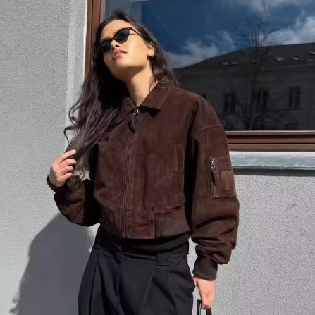 Women Suede Texture Bomber Jacket Vintage Oversized Lapel Zip Up Short Coat Solid Color Retro Casual Workwear Outerwear