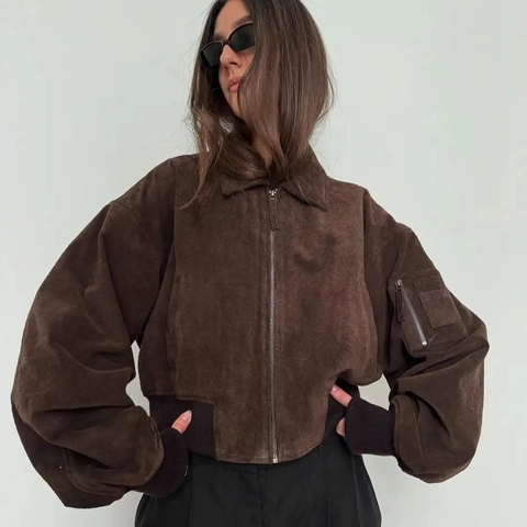 Women Suede Texture Bomber Jacket Vintage Oversized Lapel Zip Up Short Coat Solid Color Retro Casual Workwear Outerwear