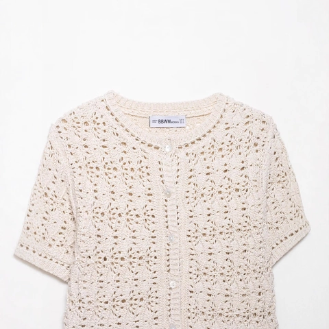 Women Short Sleeve Crochet Knit Cardigan Hollow Out Floral Lace Top Cream Button Up Round Neck Casual Streetwear Sweater