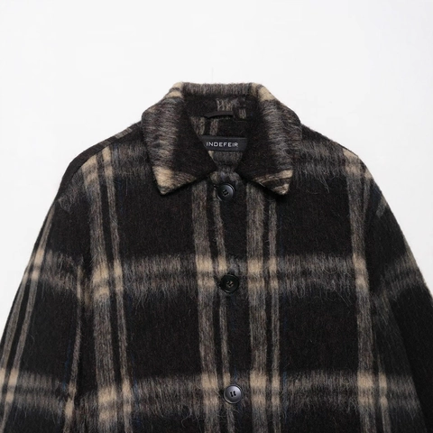 Damen Vintage Großes Karo Wolljacke Casual Langarm Revers Einreihig Mohair Look Oberbekleidung Dicke Warme Kurze Jacke