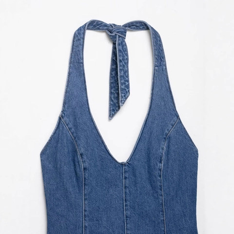 Abito Lungo in Denim con Scollo all'Americana Elegante Abito di Jeans Blu Lavato Schiena Scoperta Scollo a V Linea ad A per Donna