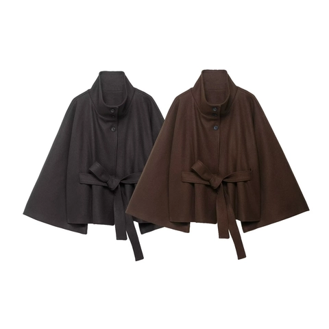 Dames Wollen Cape Jas Opstaande Kraag Knopen Korte Mantel Met Tailleriem Elegante Vleermuismouwen Bovenkleding