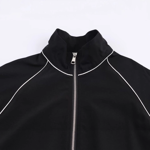 Veste à Col Montant Pour Femme Avec Passepoil Contrasté Ourlet Réglable à Cordon Manches Raglan Manteau Coupe-vent Décontracté