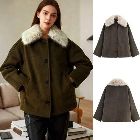 Damen Kunstpelzkragen Jacke Dick Wintermantel Wildlederimitat Knopffront Regulärer Ärmel Casual Oberbekleidung Tiefbraun