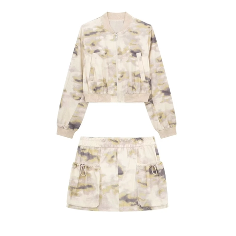 Dames Bedrukte Bomberjack En Cargo Mini-Rok Casual Outfit Abrikoos Tie-Dye Streetwear Rokset Voor Dames