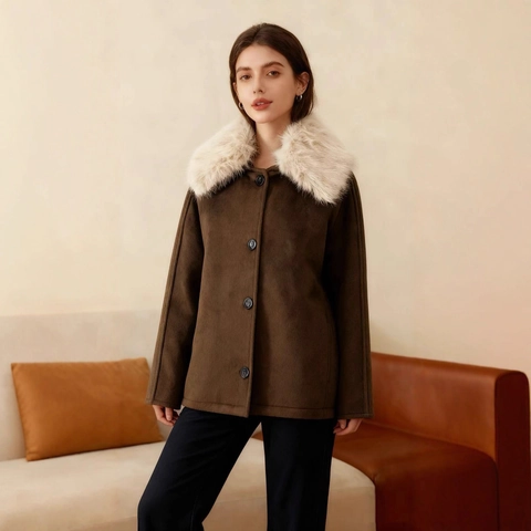 Damen Kunstpelzkragen Jacke Dick Wintermantel Wildlederimitat Knopffront Regulärer Ärmel Casual Oberbekleidung Tiefbraun