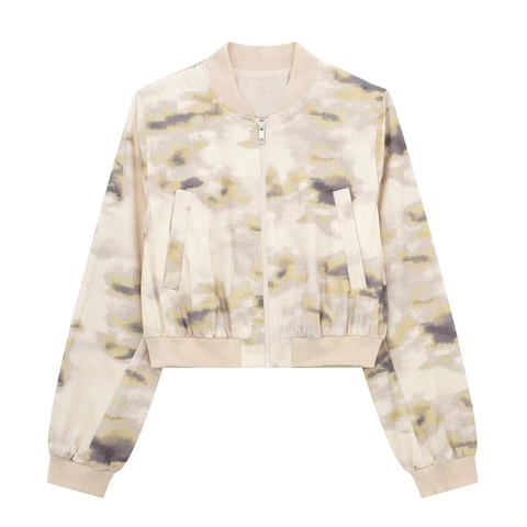Dames Bedrukte Bomberjack En Cargo Mini-Rok Casual Outfit Abrikoos Tie-Dye Streetwear Rokset Voor Dames