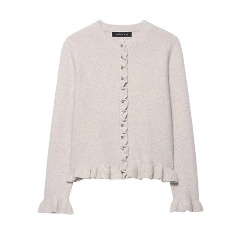Women Ruffle Trim Knitted Cardigan Single Breasted Round Neck Long Sleeve Solid Color Slim Fit Sweater Top