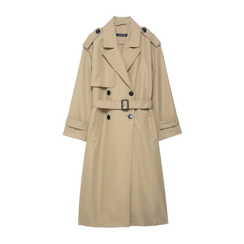 Dames Klassieke Double-breasted Trenchcoat Met Riem Britse Stijl Effen Kleur Lange Mouw Windjack Voor Dagelijks Kantoor