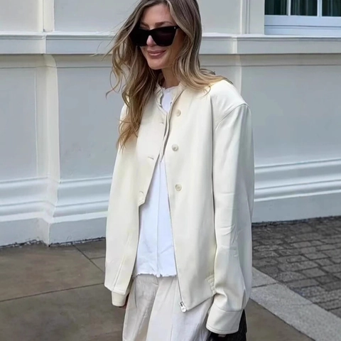 Giacca da Donna con Collo Alto Allentata Tinta Unita Bottone Cerniera Manica Lunga Capispalla Streetwear Cappotto Casual in Poliestere