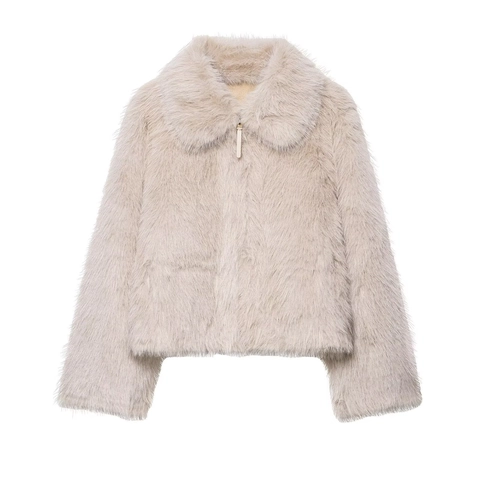 Women Elegant Off White Faux Fur Jacket Soft Warm Lapel Zip Up Shaggy Coat Regular Fit Long Sleeve Autumn Winter Outerwear