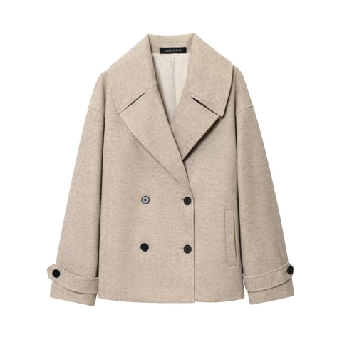 Abrigo Corto Casual de Mezcla de Lana para Mujer Doble Botonadura Color Avena Solapa Manga Larga Ajuste Holgado Chaqueta