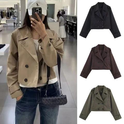 Gabardina Corta Cruzada para Mujer Solapa Charreteras Cortavientos Casual Chaqueta Manga Larga Color Sólido Ropa de Abrigo